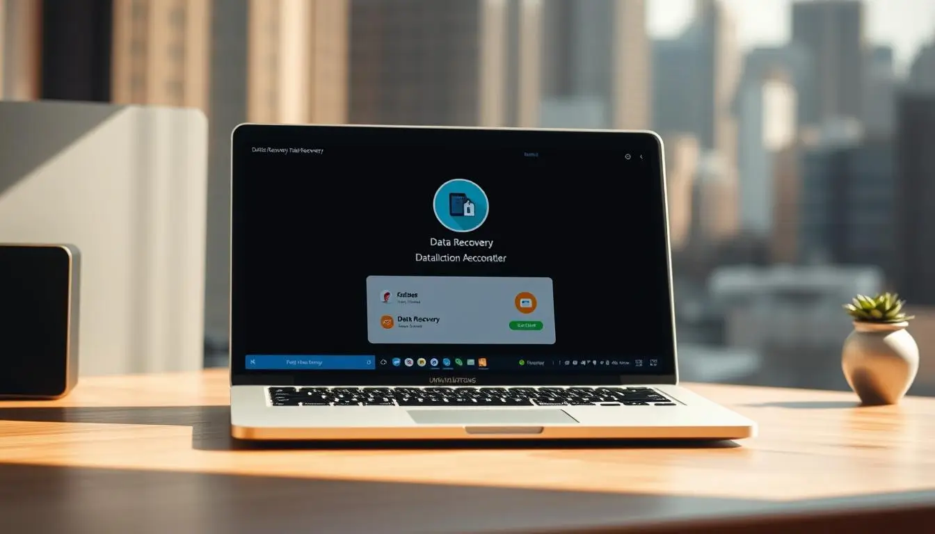Laptop displaying data recovery software interface.