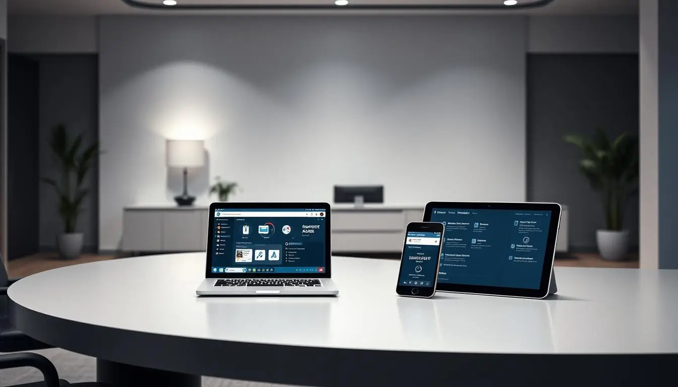 Laptop, tablet, and phone on a modern table.