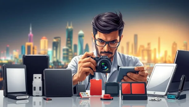 Person analyzing tech gadgets with a camera