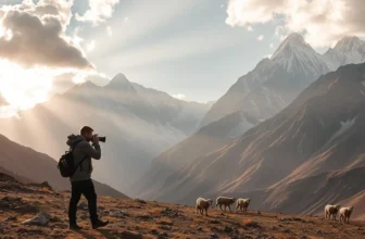 Photographer capturing mountains and grazing sheep.