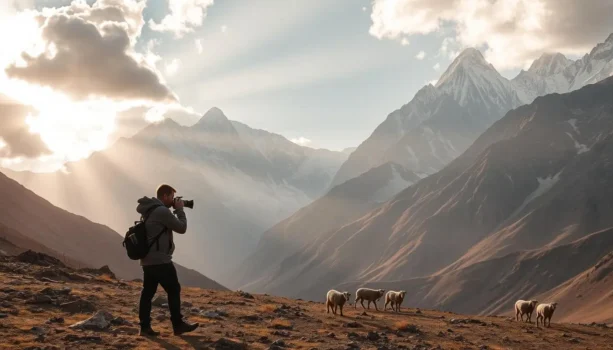 Photographer capturing mountains and grazing sheep.