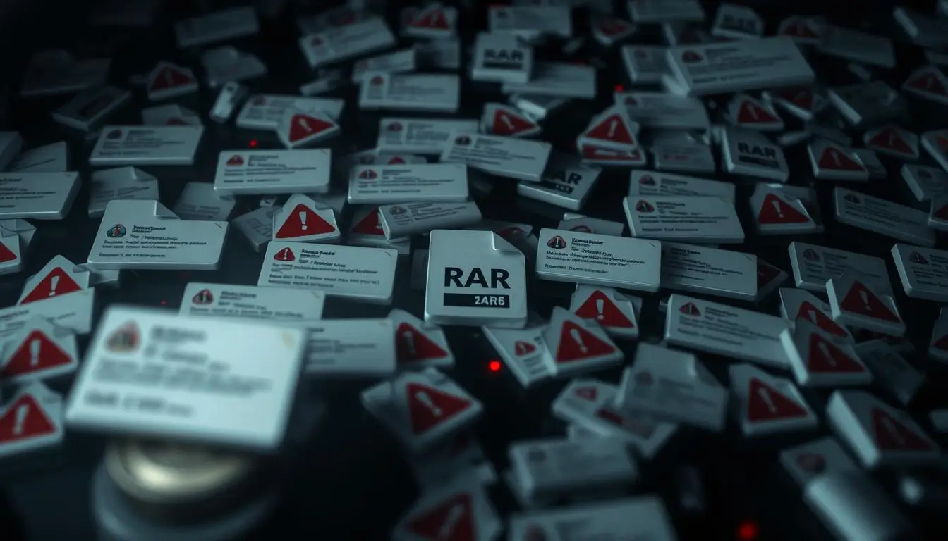 Scattered RAR files with warning symbols.