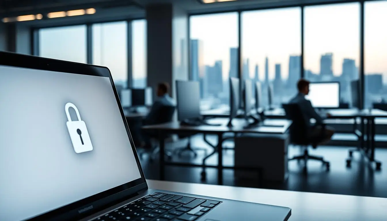 Laptop with locked screen in office setting