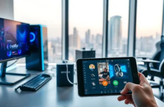 Person using tablet with computer setup in background.