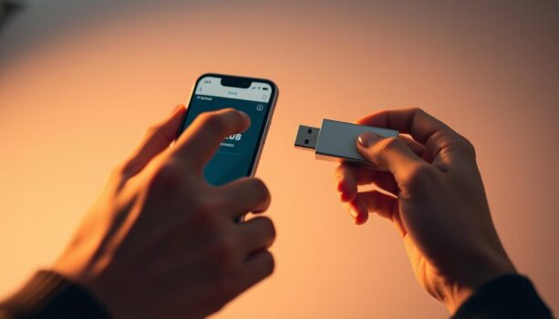 Person connecting USB drive to smartphone