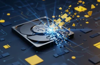 Fragmented hard drive with glowing energy effect.