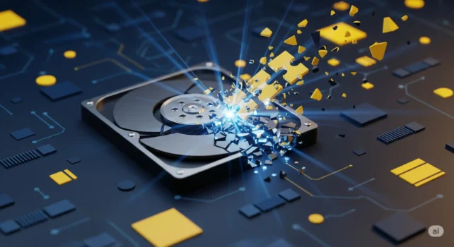 Fragmented hard drive with glowing energy effect.