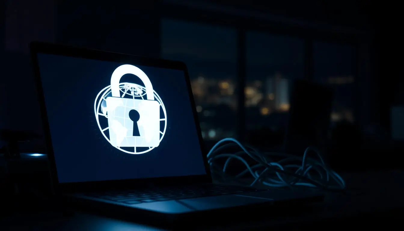 Laptop screen displaying a locked globe icon.