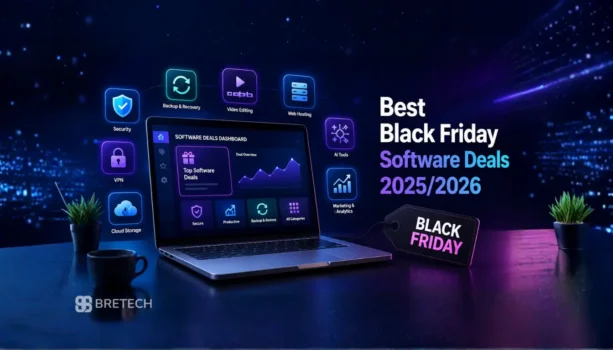 Laptop displaying Black Friday software deals dashboard