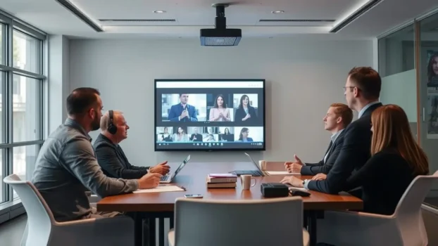 Team in a meeting with virtual participants on screen.