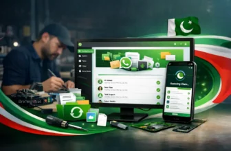 Tech setup featuring WhatsApp chat recovery tools.