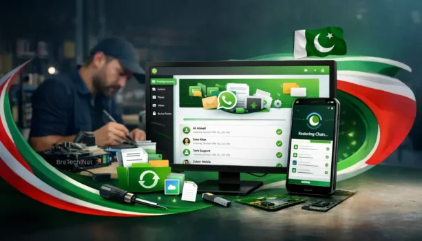 Tech setup featuring WhatsApp chat recovery tools.