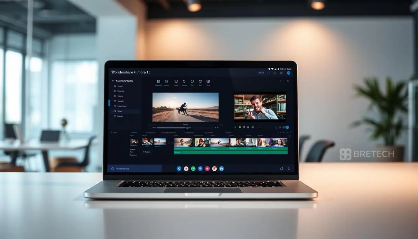 Laptop displaying video editing software interface.