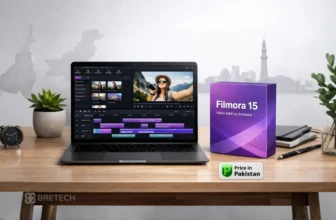 Laptop displaying Filmora 15 video editing software.