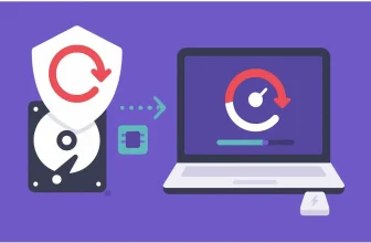 Data backup and recovery on laptop illustration