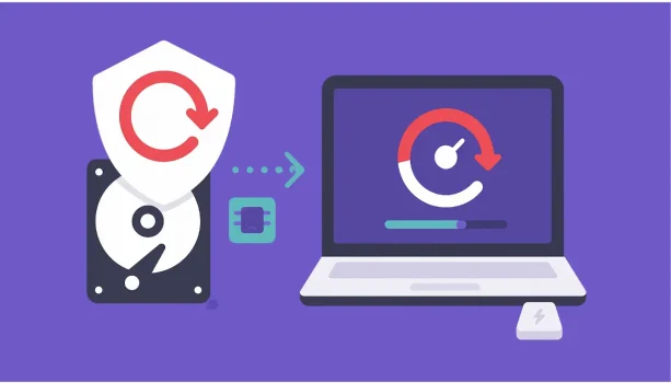 Data backup and recovery on laptop illustration