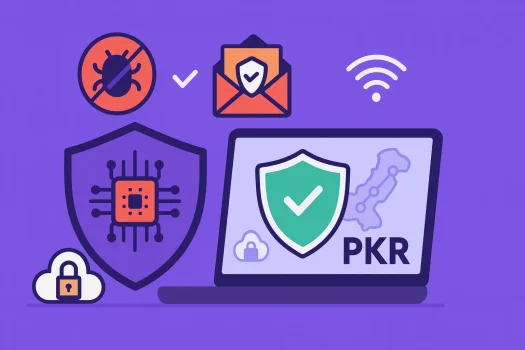 Cybersecurity icons including shields and email protection.