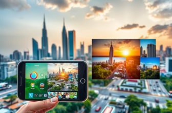 Smartphone capturing city skyline at sunset