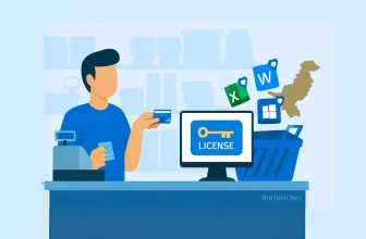 Man buying software licenses at checkout counter