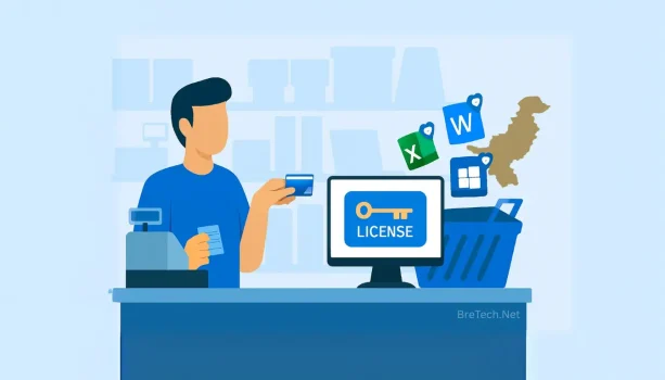 Man buying software licenses at checkout counter