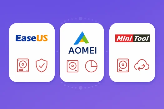 Logos of EaseUS, AOMEI, and MiniTool software.