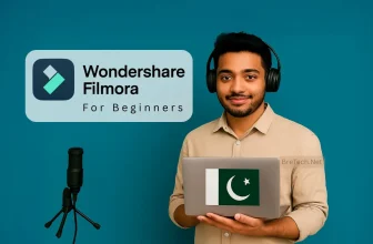 Young man with laptop promoting Filmora software