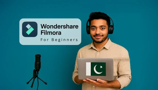 Young man with laptop promoting Filmora software