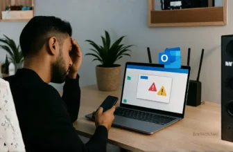 Man frustrated with Outlook email error on laptop