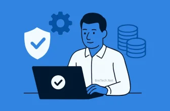 Person using laptop with security symbols