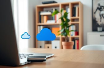 Laptop with cloud storage icons in home office