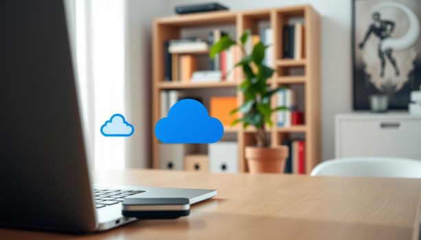 Laptop with cloud storage icons in home office