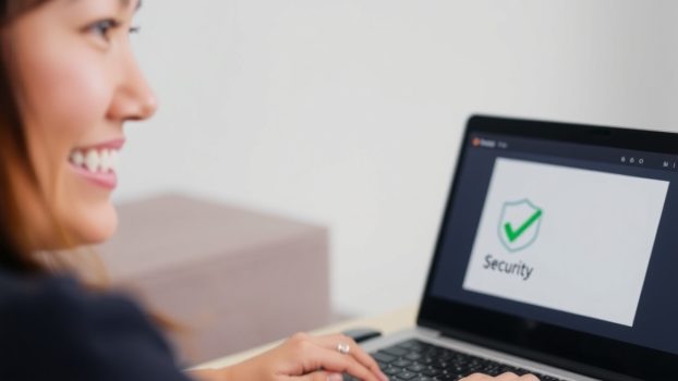 Woman smiling at laptop with security checkmark