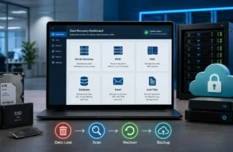 Data recovery dashboard with servers and storage devices