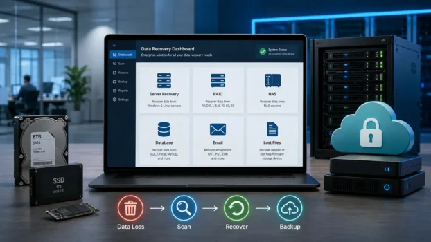 Data recovery dashboard with servers and storage devices