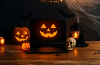 Halloween decorations with pumpkins and skull on desk
