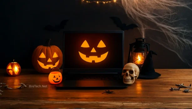 Halloween decorations with pumpkins and skull on desk