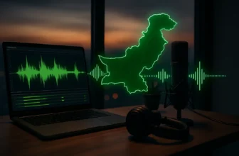 Podcast recording with Pakistan map and sound waves