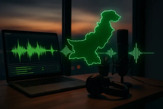 Podcast recording with Pakistan map and sound waves