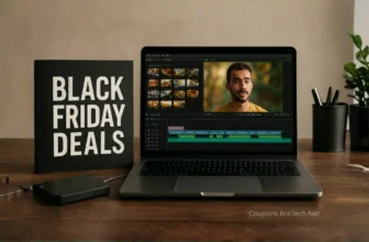 Laptop editing video beside Black Friday deals sign