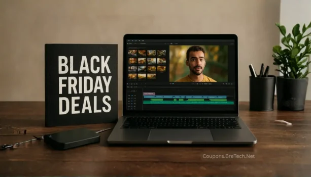 Laptop editing video beside Black Friday deals sign