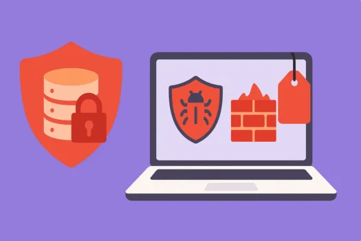 Laptop showing cybersecurity and firewall icons