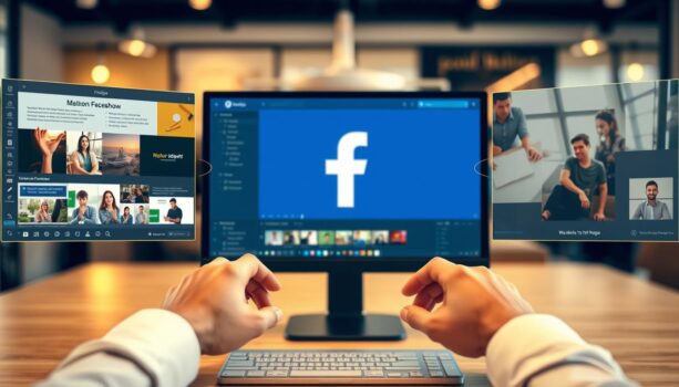 Person working on Facebook and video conferencing screens