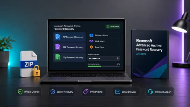 Laptop displaying archive password recovery software interface