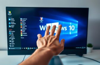 Hand reaching toward Windows 10 desktop screen