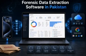 Forensic data extraction software dashboard with connected mobile and cloud accounts