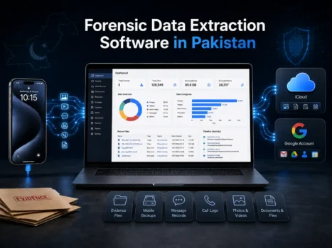 Forensic data extraction software dashboard with connected mobile and cloud accounts
