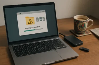 Laptop repairing corrupted file with coffee nearby