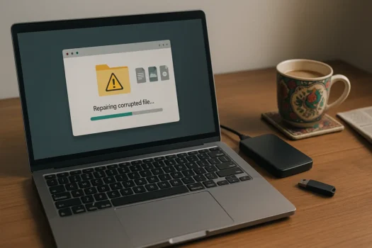 Laptop repairing corrupted file with coffee nearby