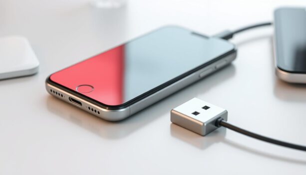 Smartphone charging with USB cable on desk