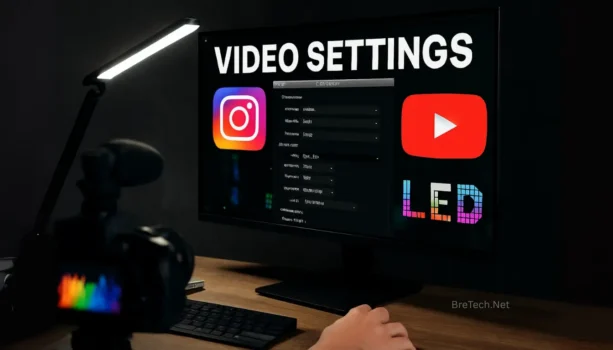 Monitor showing video settings with Instagram and YouTube logos